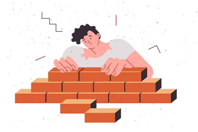 Boy builds pyramid using bricks showing architectural potential and engineering skills  Illustration