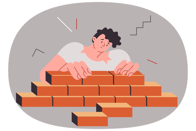 Boy builds pyramid using bricks showing architectural potential and engineering skills  Illustration