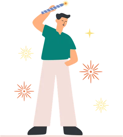 Boy burning colourful sparkle cracker  Illustration