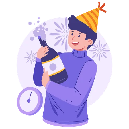 Boy bursting champagne to celebrate new year  Illustration