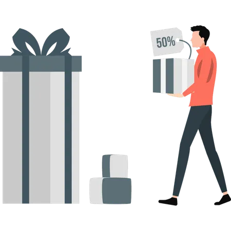 Boy buying 50 percentage off items  Illustration