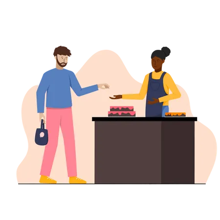 Boy buying gift and birthday cake  Illustration