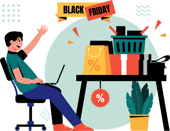 Boy buying goods online with black friday discounts  Illustration