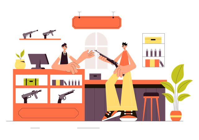 Boy buying gun  Illustration