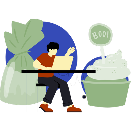 Boy buying halloween candy on laptop  Illustration