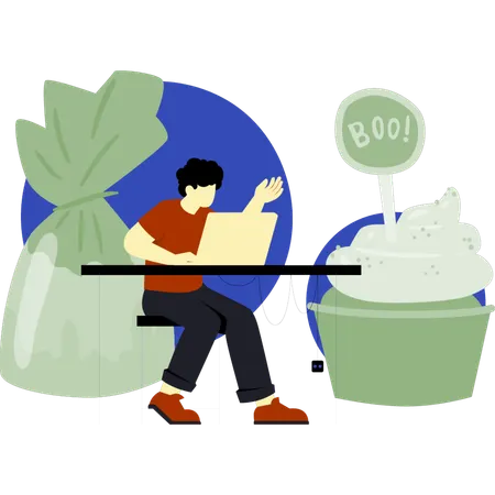 Boy buying halloween candy on laptop  Illustration