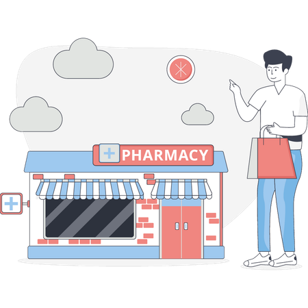 Boy buying medicine from store  Illustration