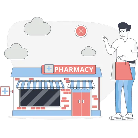 Boy buying medicine from store  Illustration