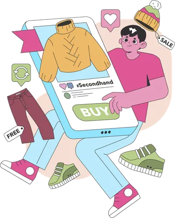 Boy buying second handed cloth using mobile  Illustration
