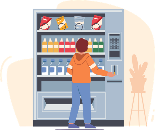 Boy buying snacks from vending machine Illustration
