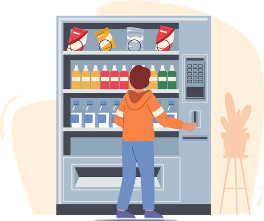 Boy buying snacks from vending machine  イラスト