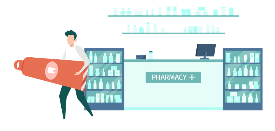 Boy Buying Toothpaste From Pharmacy  Illustration