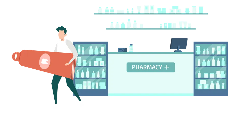 Boy Buying Toothpaste From Pharmacy  イラスト