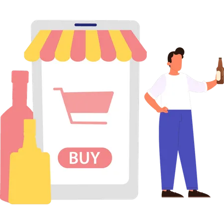 Boy buying wine online Illustration