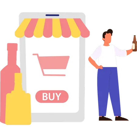 Boy buying wine online  Illustration