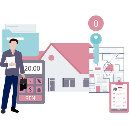Boy calculates rent of house  Illustration