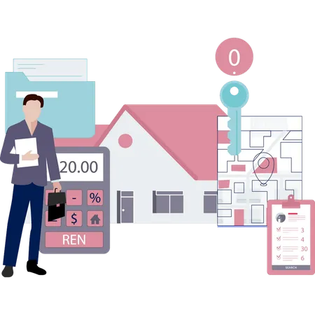 Boy calculates rent of house  Illustration