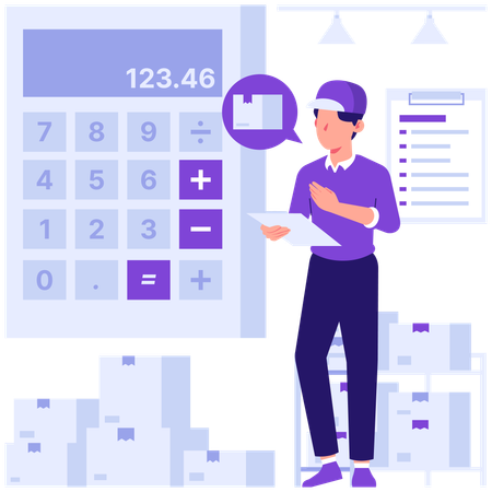 Boy calculating delivery boxes  Illustration