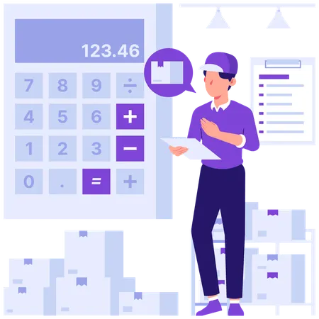 Boy calculating delivery boxes  Illustration