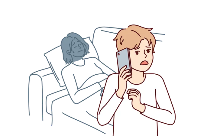 Flustered Boy Calls 911 And Tells Doctor Symptoms Of Sick Mom In Need Of Medical Attention Sick Woman Lies On Couch Next To Son With Mobile Phone Trying To Call Hospital Staff For Help Illustration