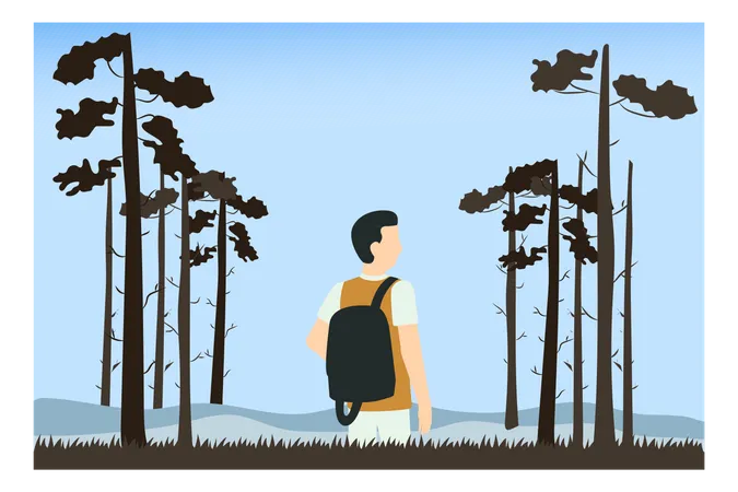 A Boy Going For Camping In A Forest Illustration