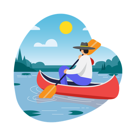 Boy Canoeing on the River  Illustration