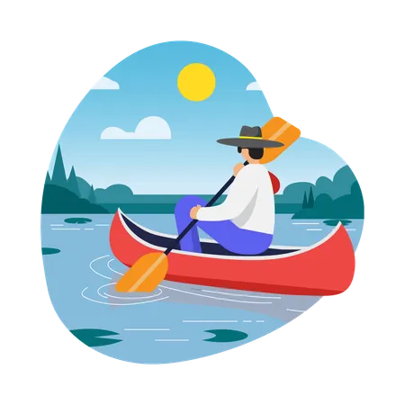 Boy Canoeing on the River  Illustration