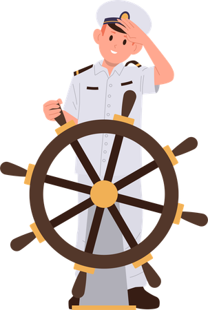 Boy captain kid standing at helm saluting with greeting gesture  Illustration