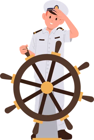 Boy captain kid standing at helm saluting with greeting gesture  Illustration