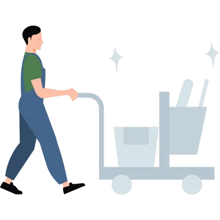 Boy carries trolley of cleaning supplies  Illustration