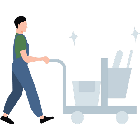 Boy carries trolley of cleaning supplies  Illustration