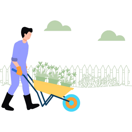 Boy carries trolley of plants  Illustration
