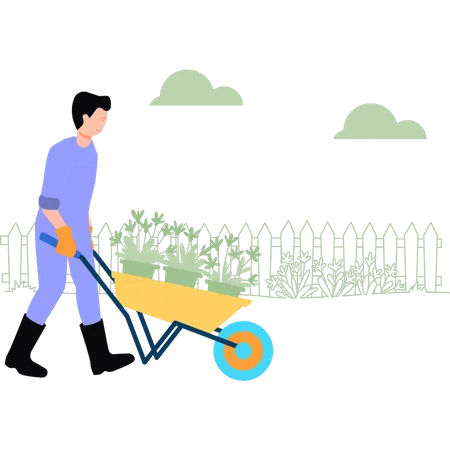 A Boy Carries A Trolley Of Plants Illustration