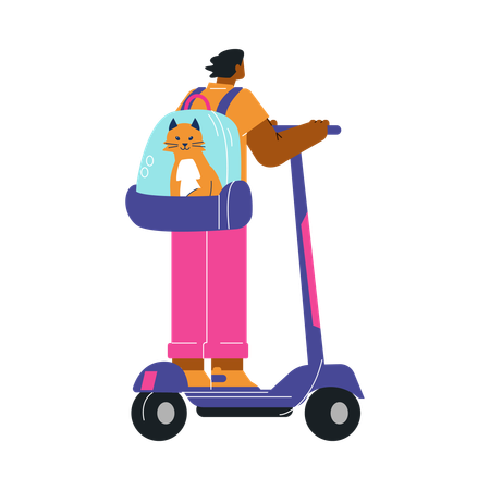 Boy carries with pets cage backpack while riding scooter  Illustration