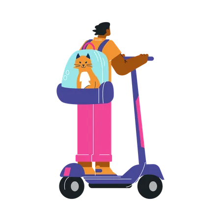 Boy carries with pets cage backpack while riding scooter  Illustration