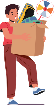 Boy carry carton box with toys  Illustration