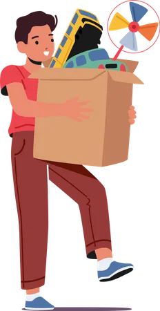 Boy carry carton box with toys  Illustration