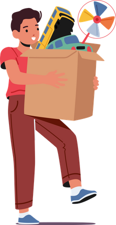 Boy carry carton box with toys  Illustration