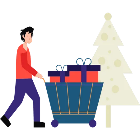 Boy carrying a gift trolley Illustration