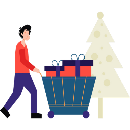 Boy carrying a gift trolley  Illustration