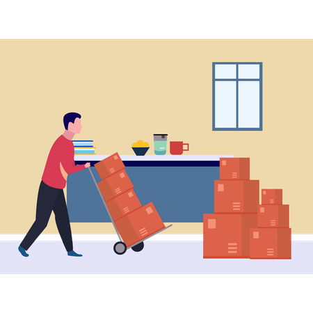 Boy Carrying Boxes On Trolley  Illustration