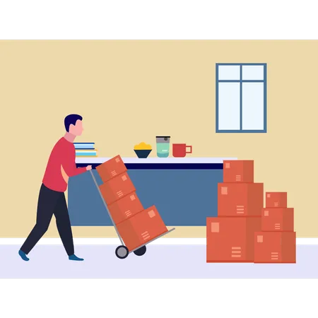 A Boy Is Carrying Boxes On A Trolley Illustration