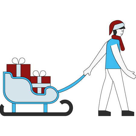 Boy carrying gift sledge  Illustration