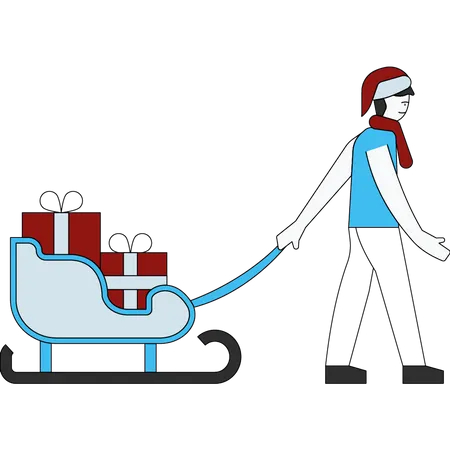 Boy carrying gift sledge  Illustration