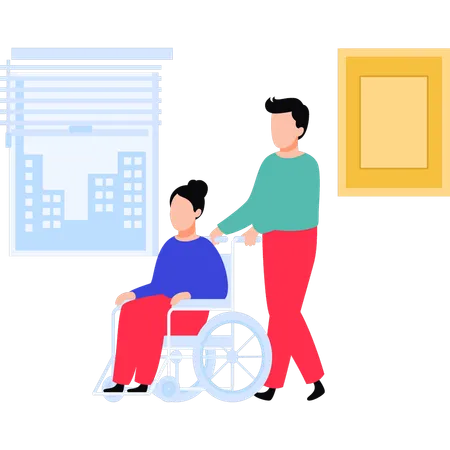 Boy carrying old woman in wheelchair  Illustration