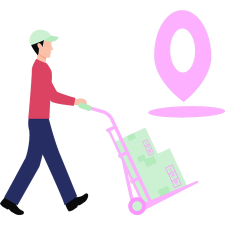 Boy carrying parcel trolley  イラスト