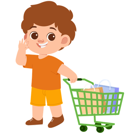 Boy Carrying Shopping Cart while waving hand  Illustration