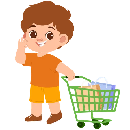 Boy Carrying Shopping Cart while waving hand  Illustration