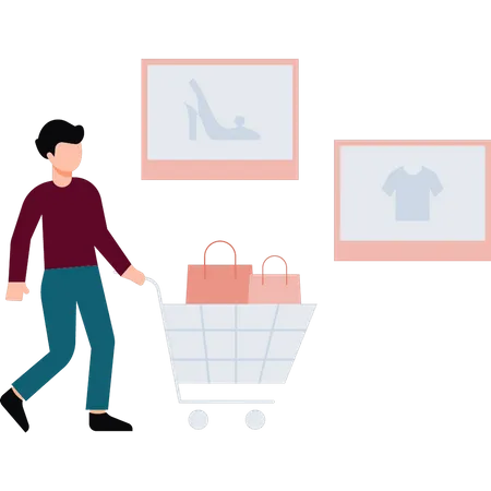 A Boy Is Carrying A Shopping Trolley Illustration