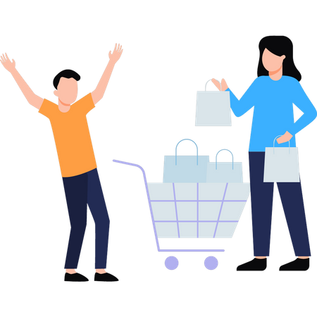 Boy carrying shopping trolley and girl carrying shopping bag  Illustration